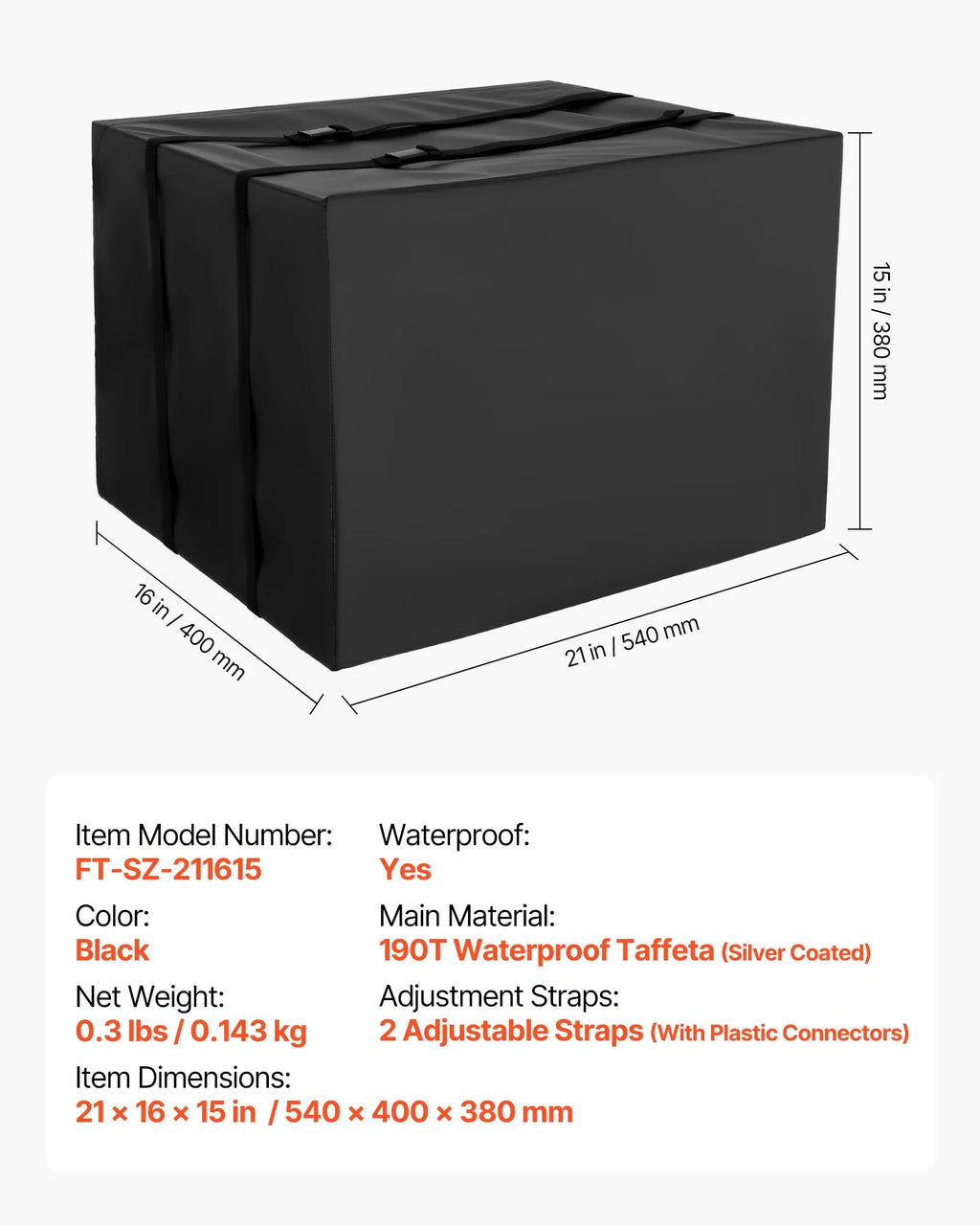Waterproof Outdoor AC Cover, Double-Layer Polyester, Adjustable Straps, 20.87" x 15.75" x 14.96", Black
