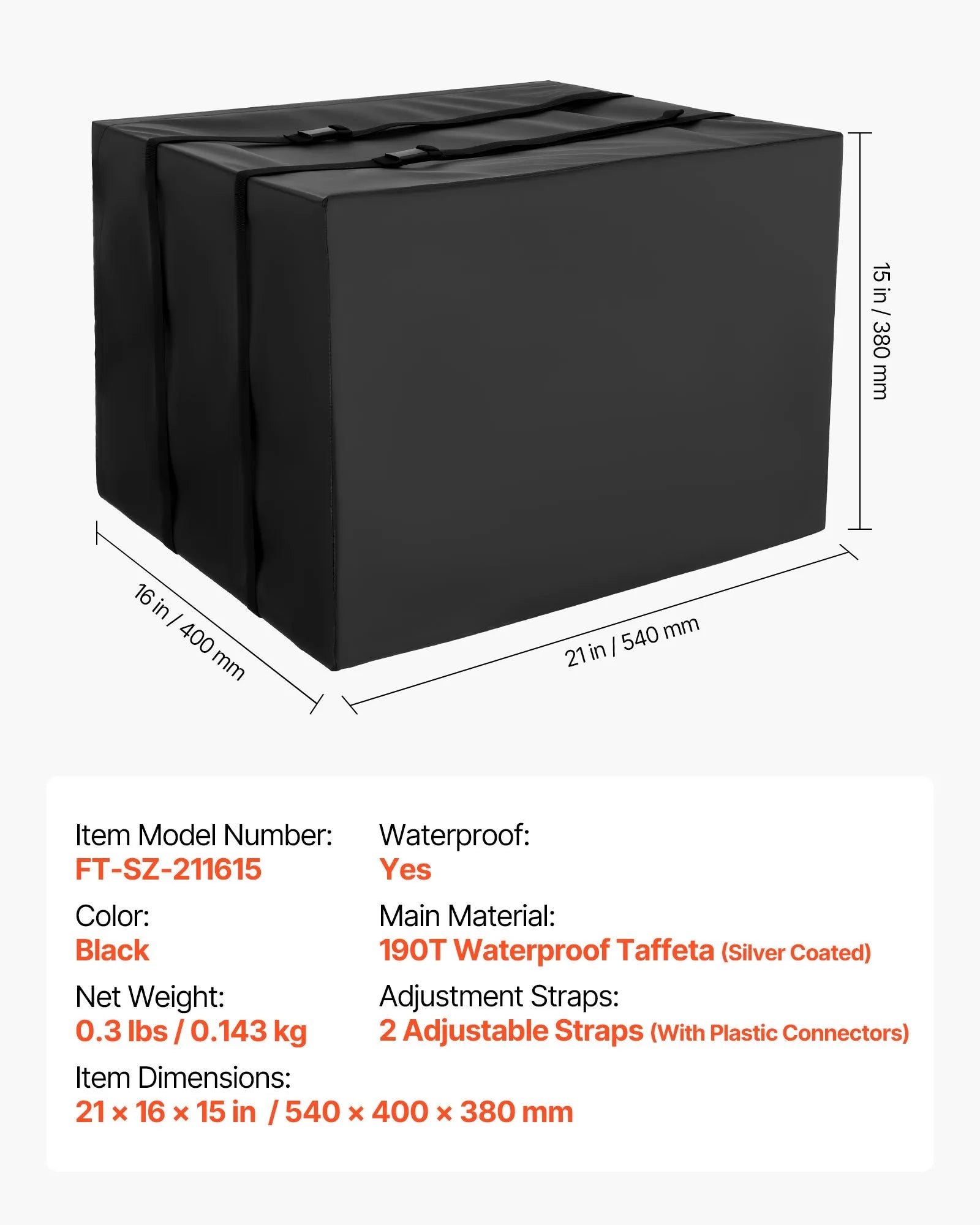 Waterproof Outdoor AC Cover, Double-Layer Polyester, Adjustable Straps, 20.87" x 15.75" x 14.96", Black