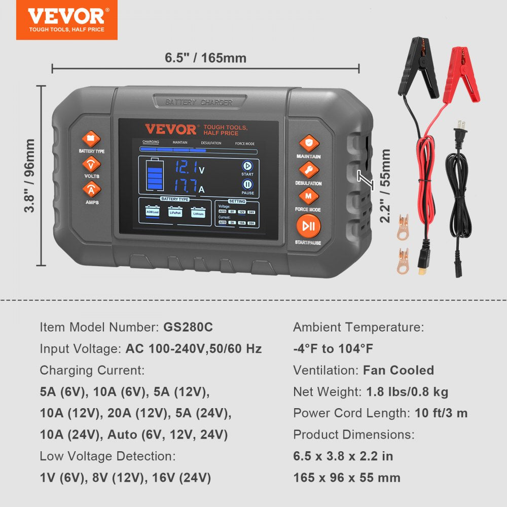 GS280C 20A Smart Battery Charger 6V/12V/24V | Lithium LiFePO4 & Lead-Acid AGM Gel SLA Charger with LCD Display, Trickle Maintainer & Desulfator