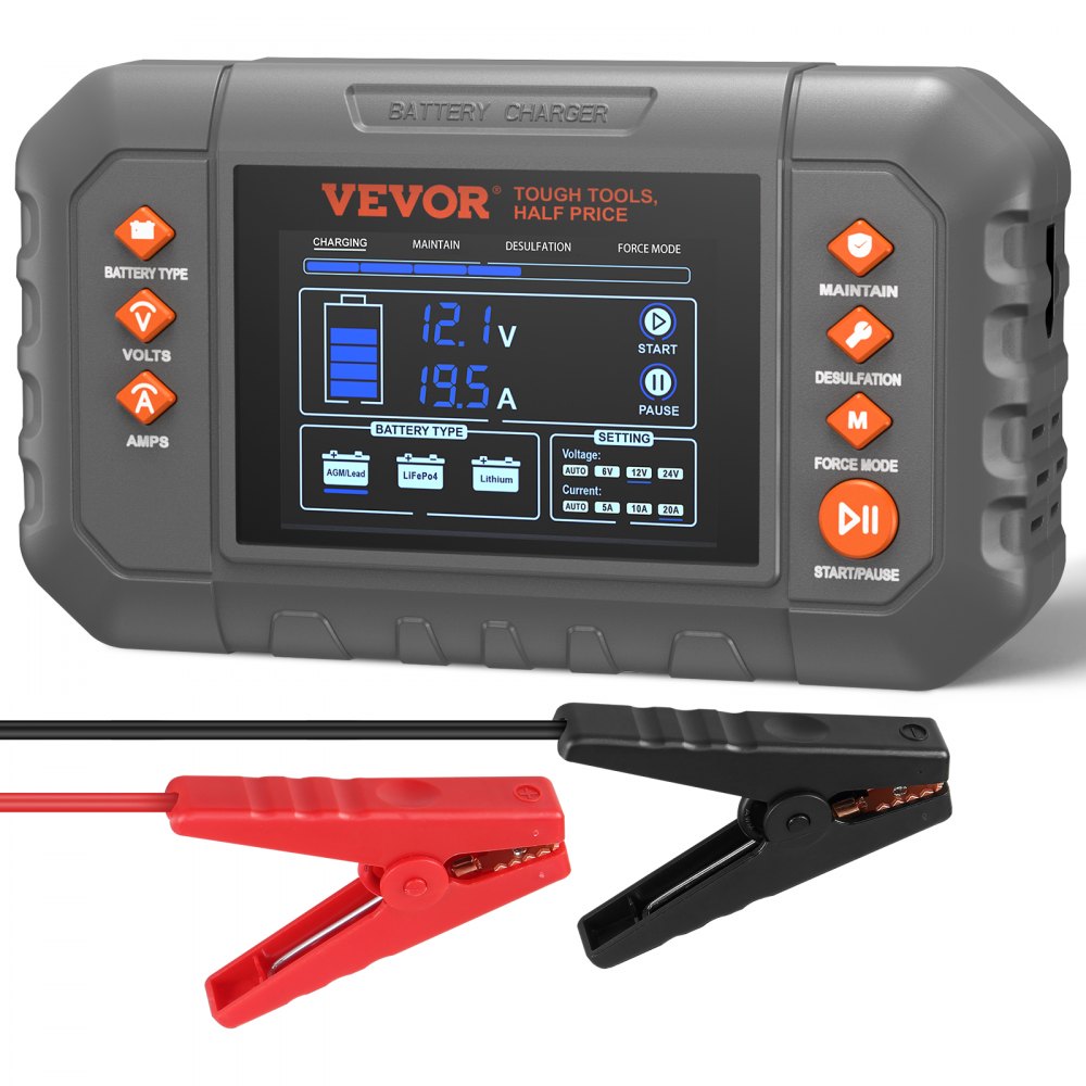GS280C 20A Smart Battery Charger 6V/12V/24V | Lithium LiFePO4 & Lead-Acid AGM Gel SLA Charger with LCD Display, Trickle Maintainer & Desulfator