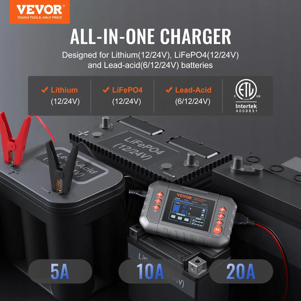 GS280C 20A Smart Battery Charger 6V/12V/24V | Lithium LiFePO4 & Lead-Acid AGM Gel SLA Charger with LCD Display, Trickle Maintainer & Desulfator