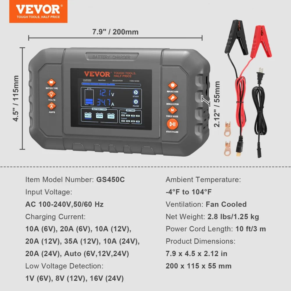 GS450C 35A Smart Battery Charger 6V/12V/24V | Lithium LiFePO4 & Lead-Acid AGM Gel SLA Charger with LCD Display, Trickle Maintainer & Desulfator