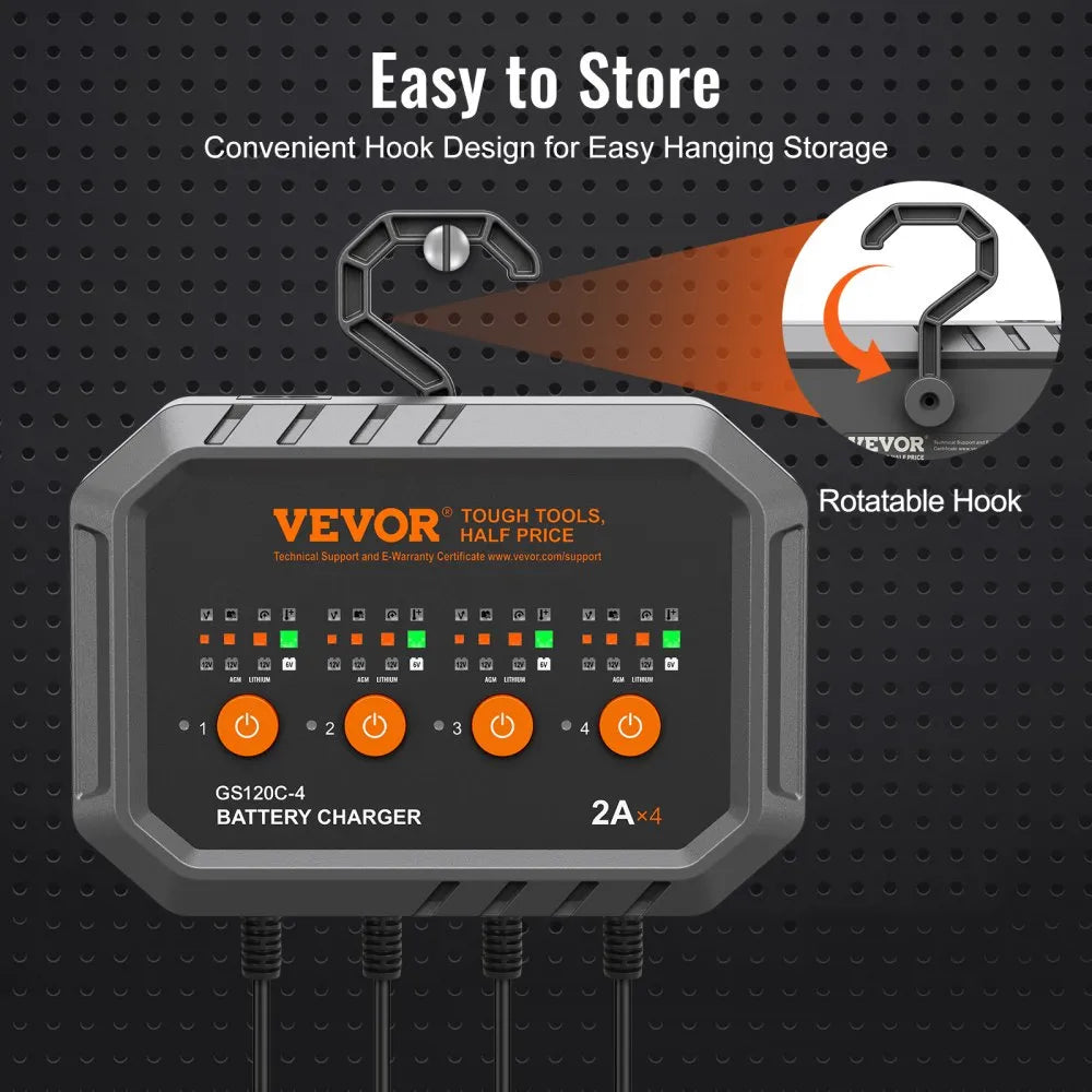 GS120C-4 4-Bank Smart Battery Charger 8A Total (2A/Bank) | 6V/12V LiFePO4 & Lead-Acid AGM Gel SLA Battery Charger Maintainer for Motorcycles, ATVs & Lawn Mowers