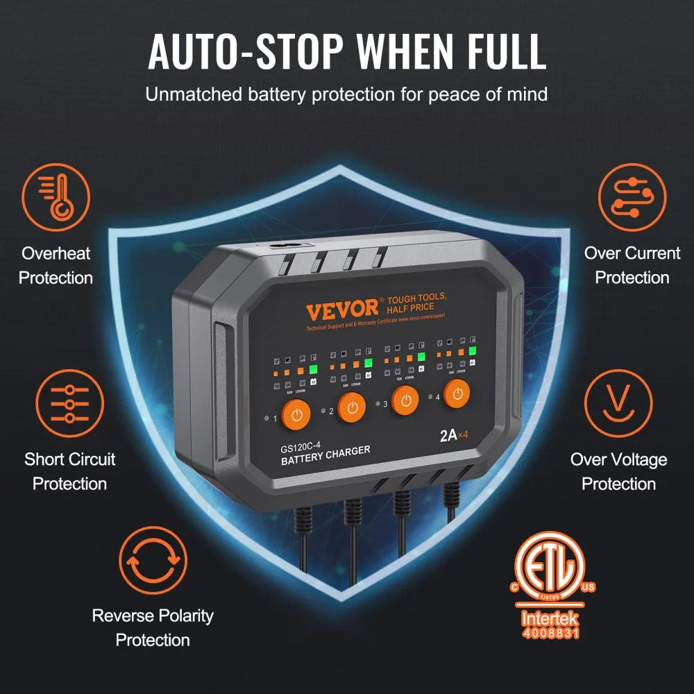 GS120C-4 4-Bank Smart Battery Charger 8A Total (2A/Bank) | 6V/12V LiFePO4 & Lead-Acid AGM Gel SLA Battery Charger Maintainer for Motorcycles, ATVs & Lawn Mowers