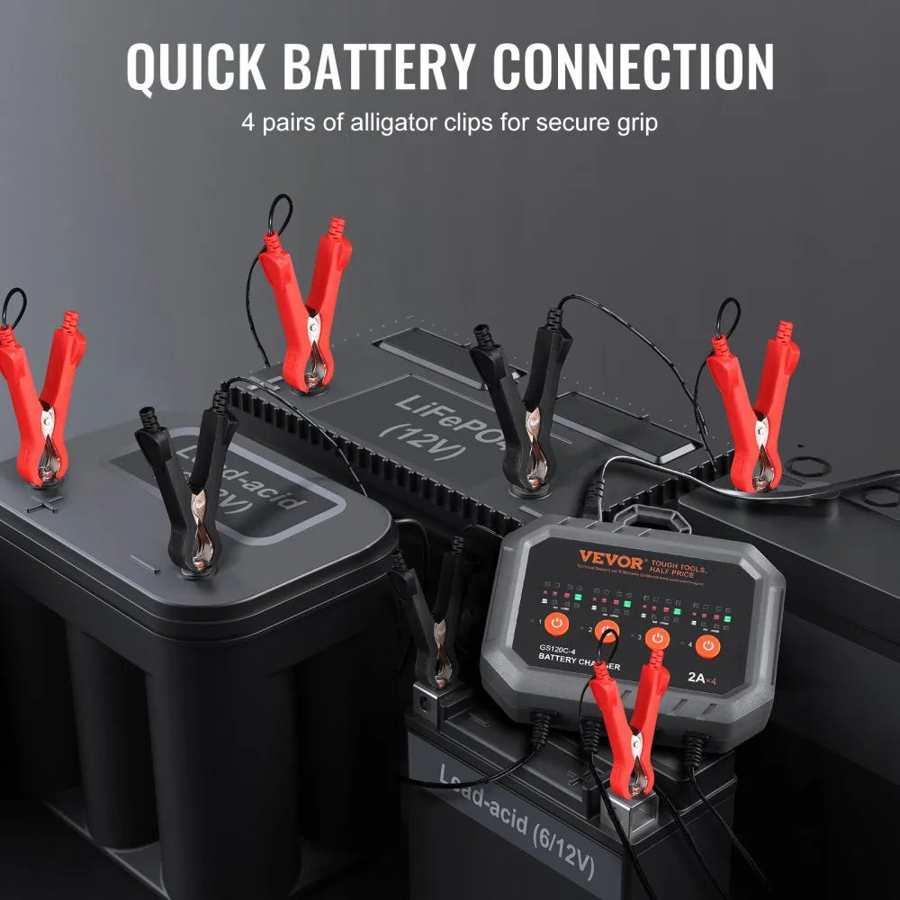 GS120C-4 4-Bank Smart Battery Charger 8A Total (2A/Bank) | 6V/12V LiFePO4 & Lead-Acid AGM Gel SLA Battery Charger Maintainer for Motorcycles, ATVs & Lawn Mowers
