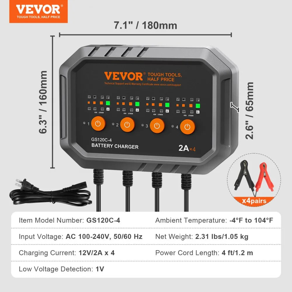 GS120C-4 4-Bank Smart Battery Charger 8A Total (2A/Bank) | 6V/12V LiFePO4 & Lead-Acid AGM Gel SLA Battery Charger Maintainer for Motorcycles, ATVs & Lawn Mowers