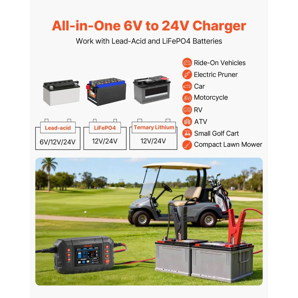 G350C 25A Smart Battery Charger 6V/12V/24V | Lithium LiFePO4 & Lead-Acid AGM Gel Battery Charger with 3.4" LCD Display, Trickle Maintainer & Desulfator