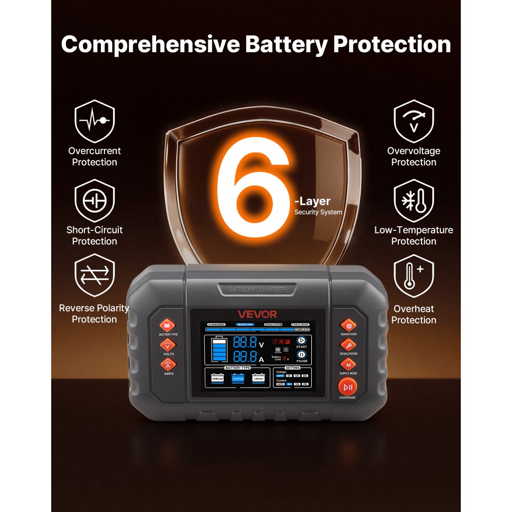 G350C 25A Smart Battery Charger 6V/12V/24V | Lithium LiFePO4 & Lead-Acid AGM Gel Battery Charger with 3.4" LCD Display, Trickle Maintainer & Desulfator