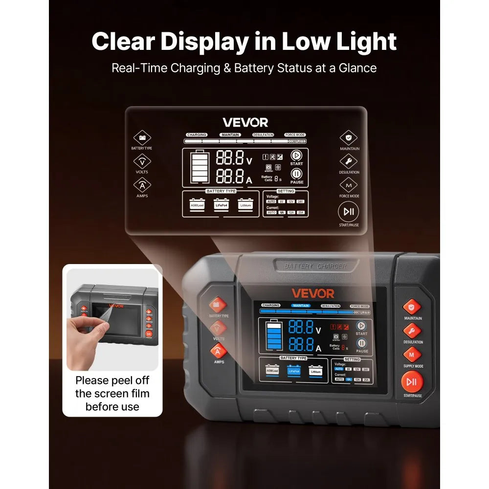 G350C 25A Smart Battery Charger 6V/12V/24V | Lithium LiFePO4 & Lead-Acid AGM Gel Battery Charger with 3.4" LCD Display, Trickle Maintainer & Desulfator