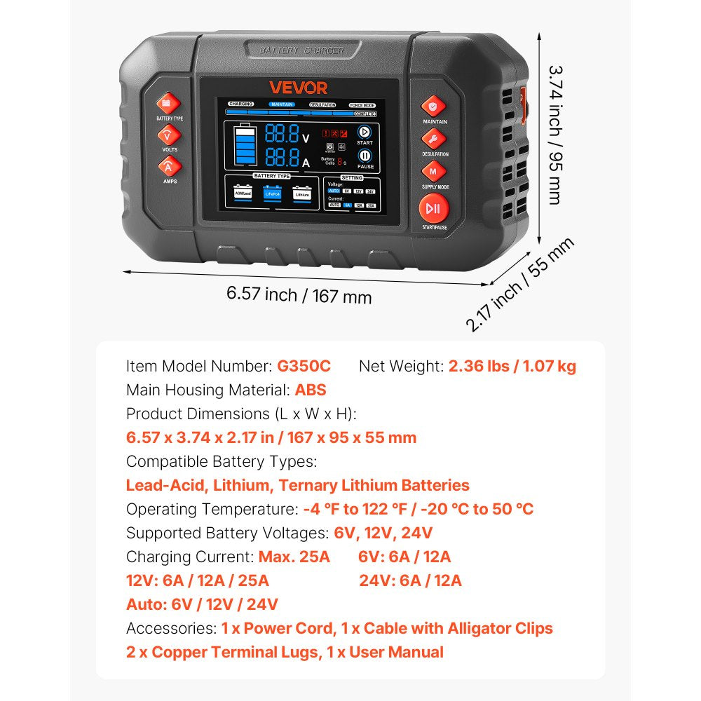 G350C 25A Smart Battery Charger 6V/12V/24V | Lithium LiFePO4 & Lead-Acid AGM Gel Battery Charger with 3.4" LCD Display, Trickle Maintainer & Desulfator