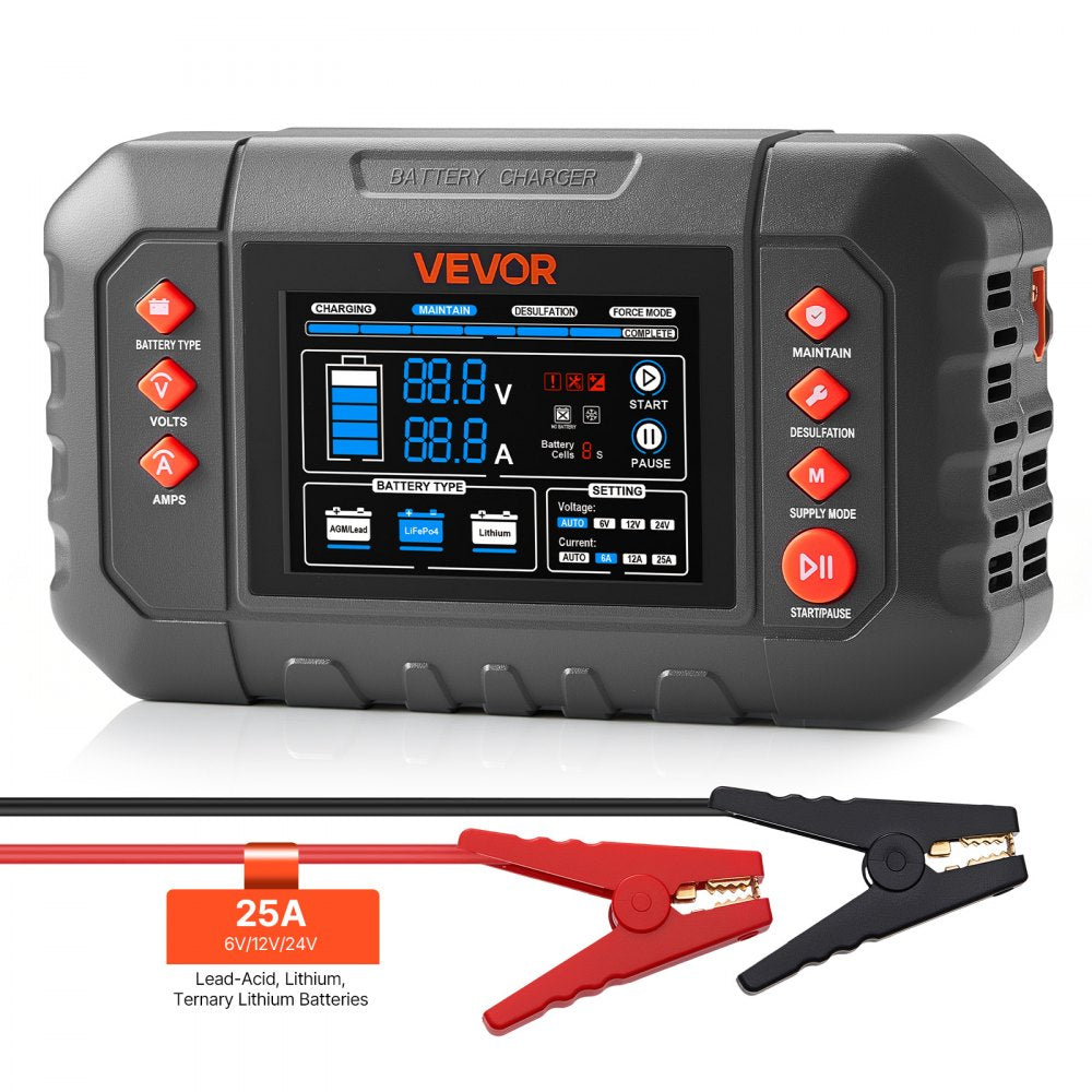 G350C 25A Smart Battery Charger 6V/12V/24V | Lithium LiFePO4 & Lead-Acid AGM Gel Battery Charger with 3.4" LCD Display, Trickle Maintainer & Desulfator