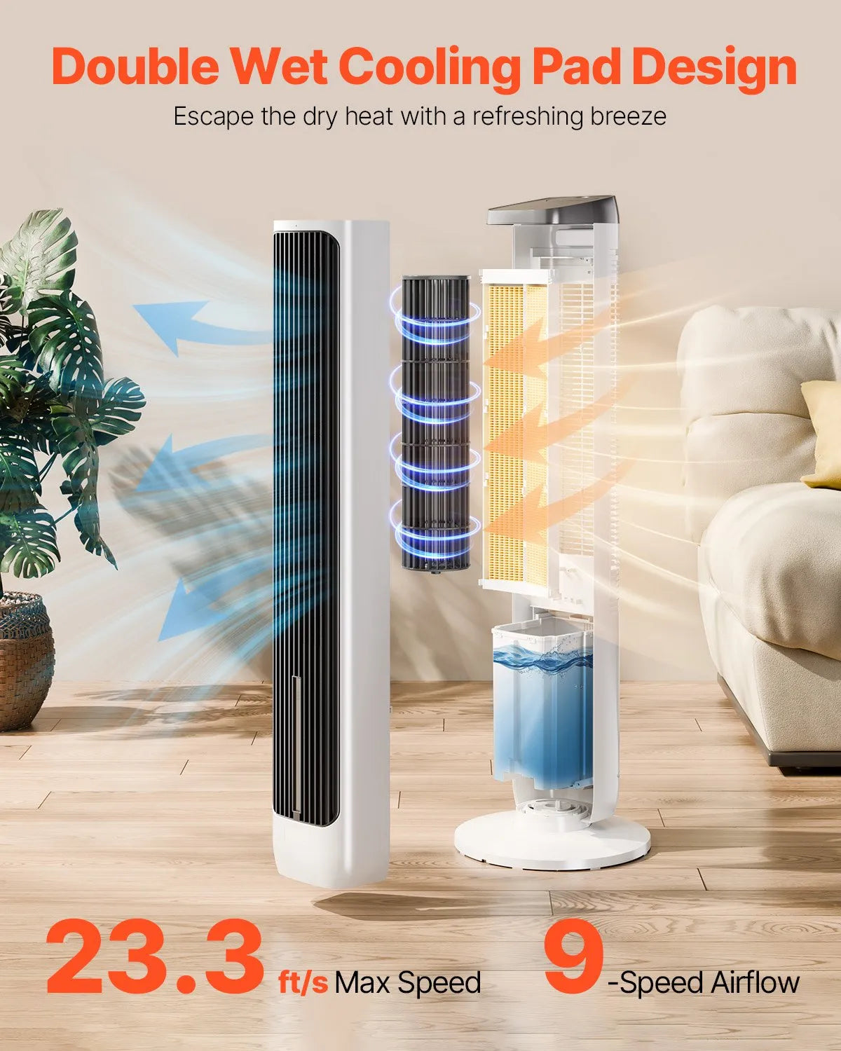 FKT007R 40" Tower Fan with Remote, 70° Oscillation, 9 Speeds, 4 Modes, 24H Timer, 23.3 ft/s Airflow