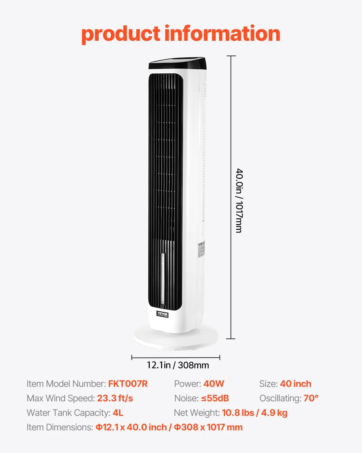 FKT007R 40" Tower Fan with Remote, 70° Oscillation, 9 Speeds, 4 Modes, 24H Timer, 23.3 ft/s Airflow