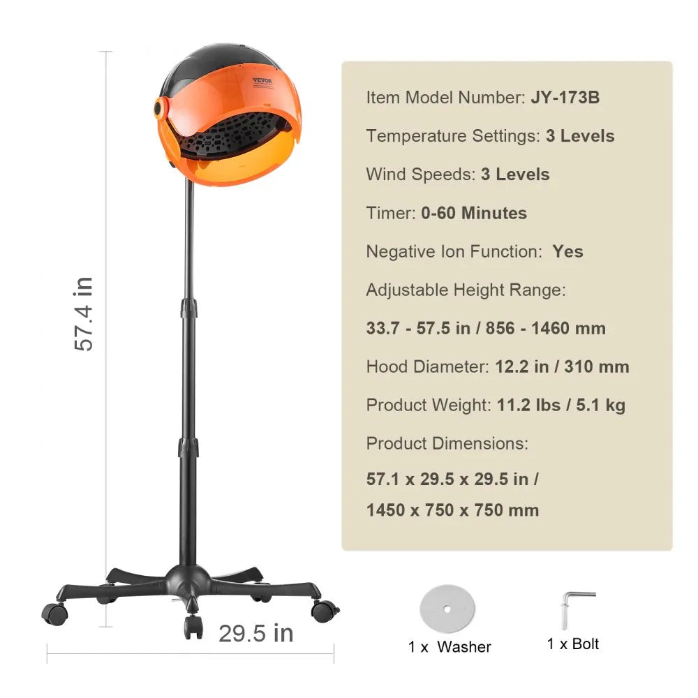 JY-173B 1875W Ionic Hooded Hair Dryer with Adjustable Stand, Timer & Negative Ion Technology