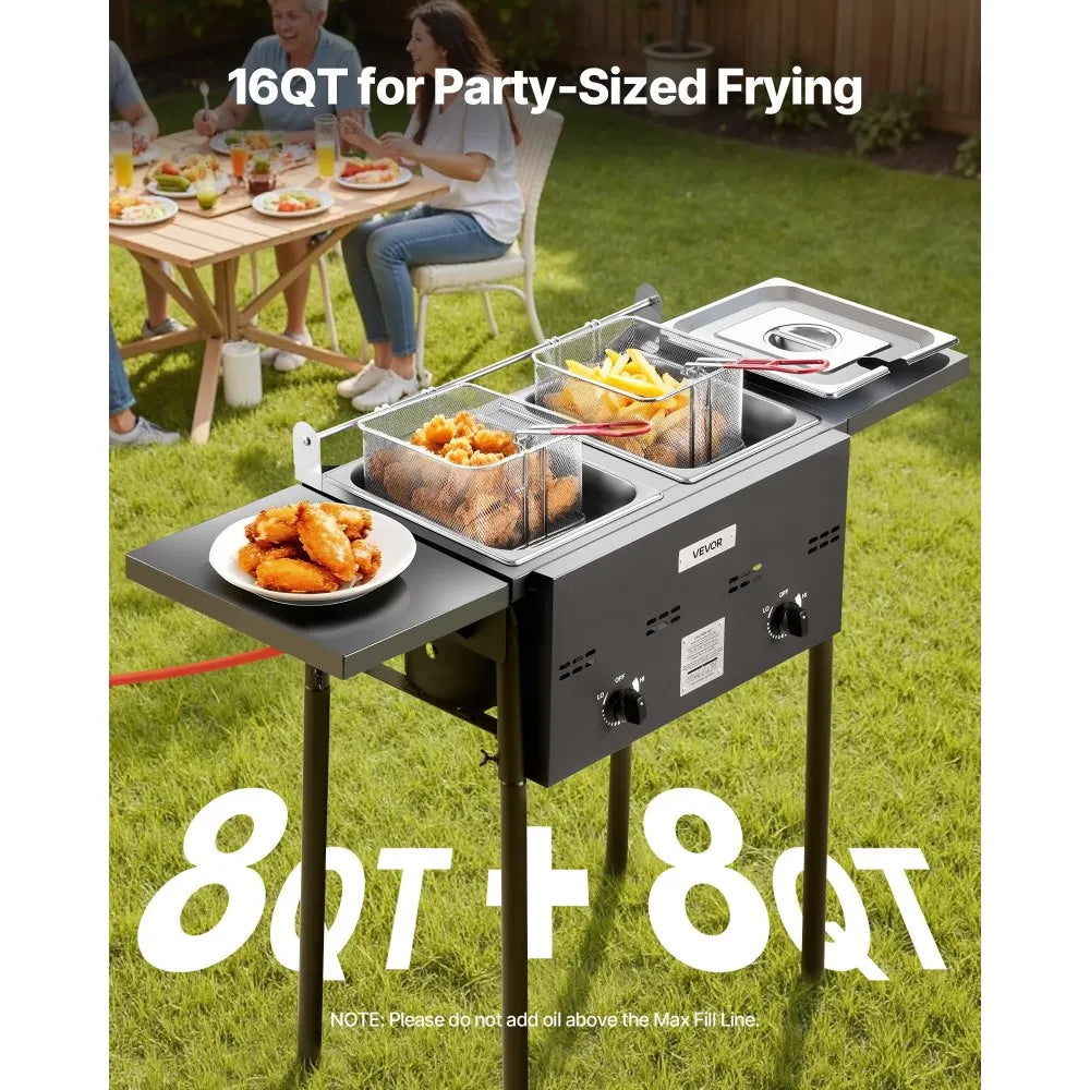 DBFY01 Outdoor Propane Deep Fryer Dual 8QT Tanks with Dual Baskets & Foldable Side Tables