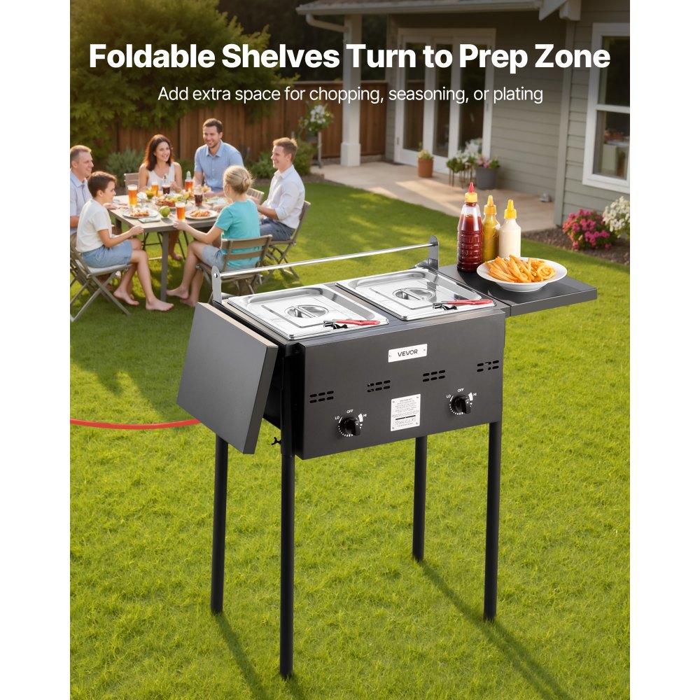 DBFY01 Outdoor Propane Deep Fryer Dual 8QT Tanks with Dual Baskets & Foldable Side Tables