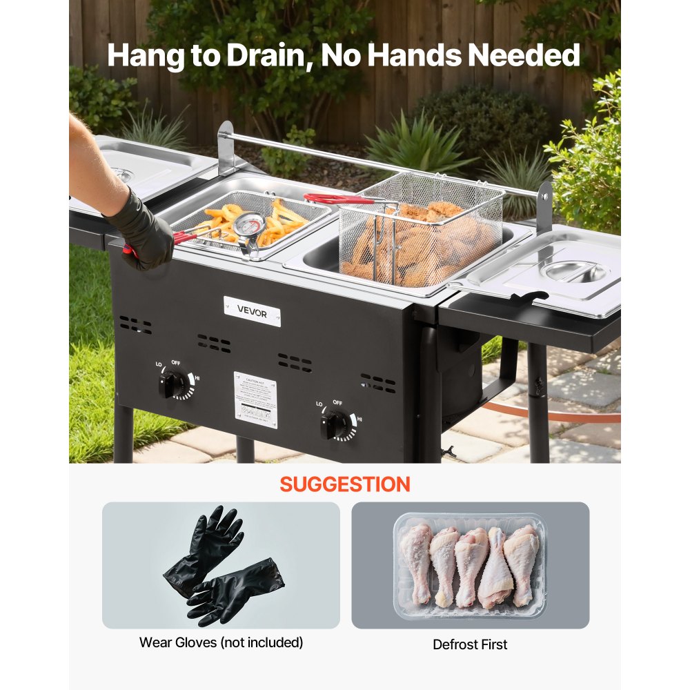 DBFY01 Outdoor Propane Deep Fryer Dual 8QT Tanks with Dual Baskets & Foldable Side Tables