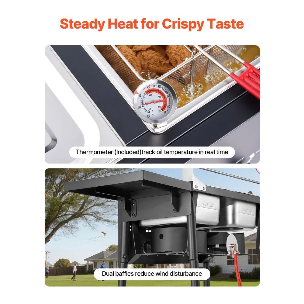 DBFY01 Outdoor Propane Deep Fryer Dual 8QT Tanks with Dual Baskets & Foldable Side Tables