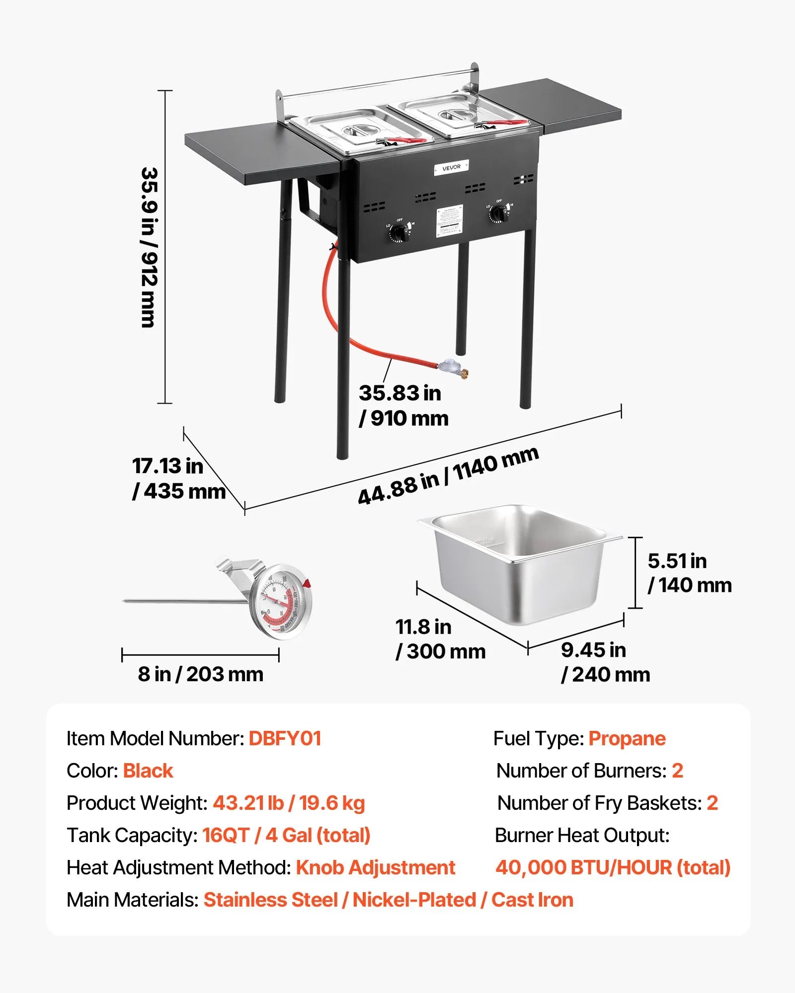 DBFY01 Outdoor Propane Deep Fryer Dual 8QT Tanks with Dual Baskets & Foldable Side Tables