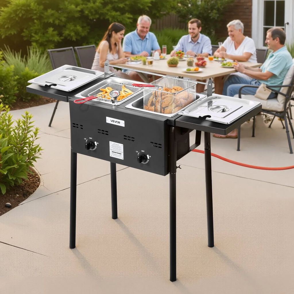 DBFY01 Outdoor Propane Deep Fryer Dual 8QT Tanks with Dual Baskets & Foldable Side Tables