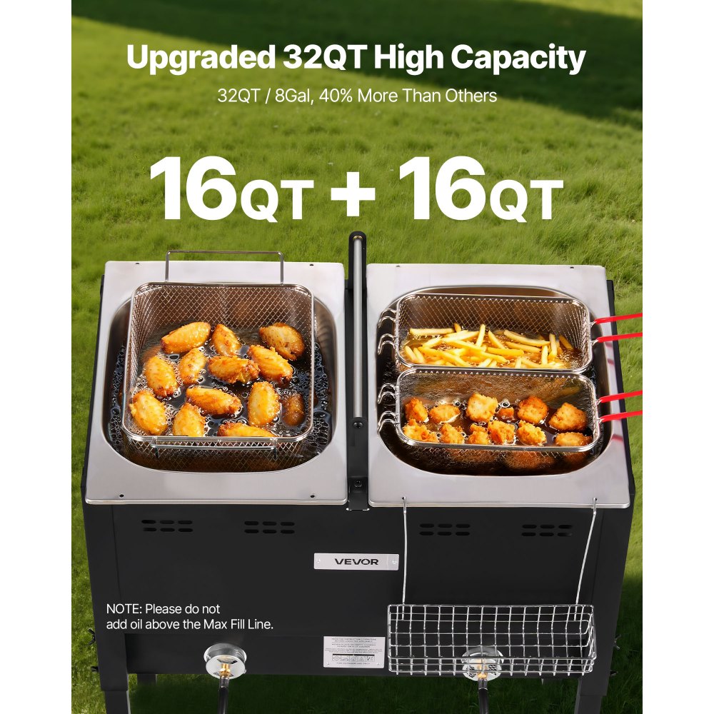 EFB62-53 Outdoor Propane Deep Fryer 32 QT Dual Tank Stainless Steel Fryer with 3 Baskets & Thermometers