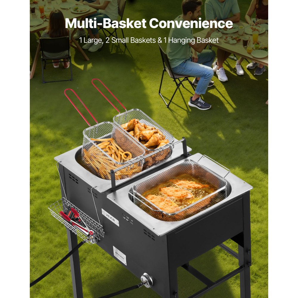 EFB62-53 Outdoor Propane Deep Fryer 32 QT Dual Tank Stainless Steel Fryer with 3 Baskets & Thermometers