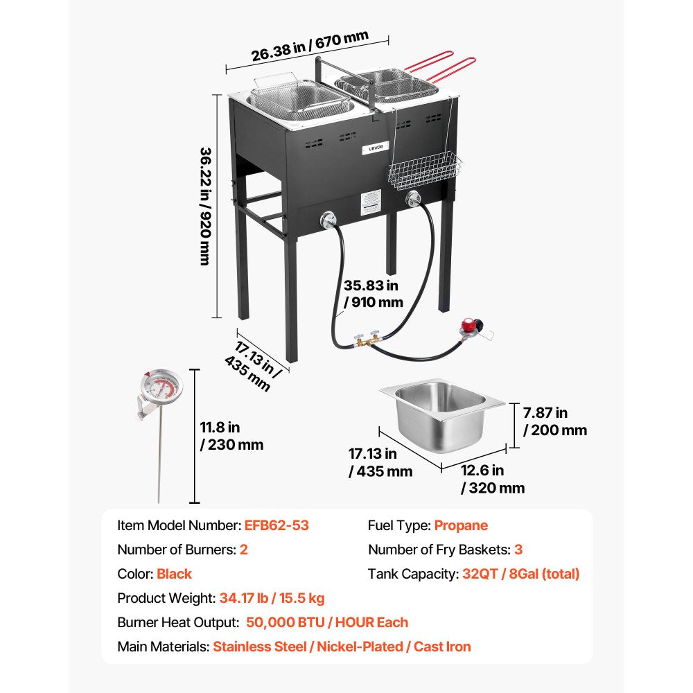 EFB62-53 Outdoor Propane Deep Fryer 32 QT Dual Tank Stainless Steel Fryer with 3 Baskets & Thermometers