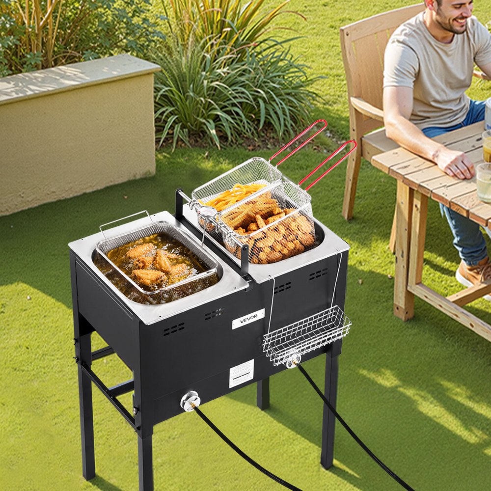 EFB62-53 Outdoor Propane Deep Fryer 32 QT Dual Tank Stainless Steel Fryer with 3 Baskets & Thermometers