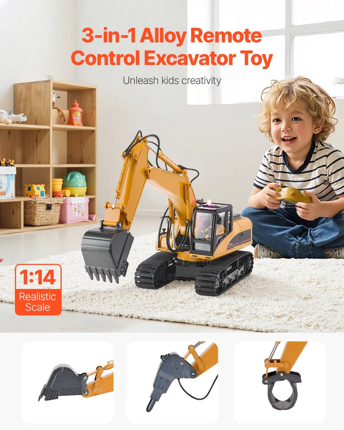 1:14 RC Excavator Toy, 15-Channel Remote Control Digger with Metal Shovel, Lights & Sounds, 2 Batteries
