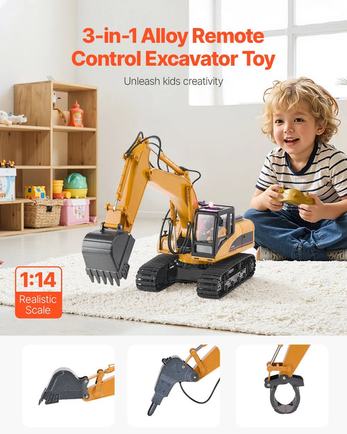 1:14 RC Excavator Toy, 15-Channel Remote Control Digger with Metal Shovel, Lights & Sounds, 2 Batteries