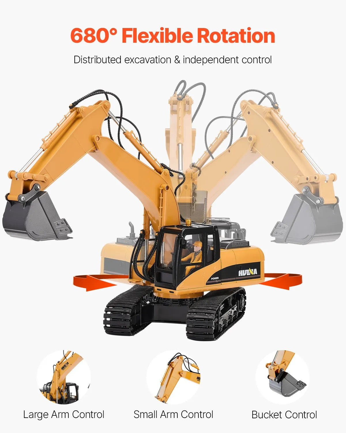 1:14 RC Excavator Toy, 15-Channel Remote Control Digger with Metal Shovel, Lights & Sounds, 2 Batteries
