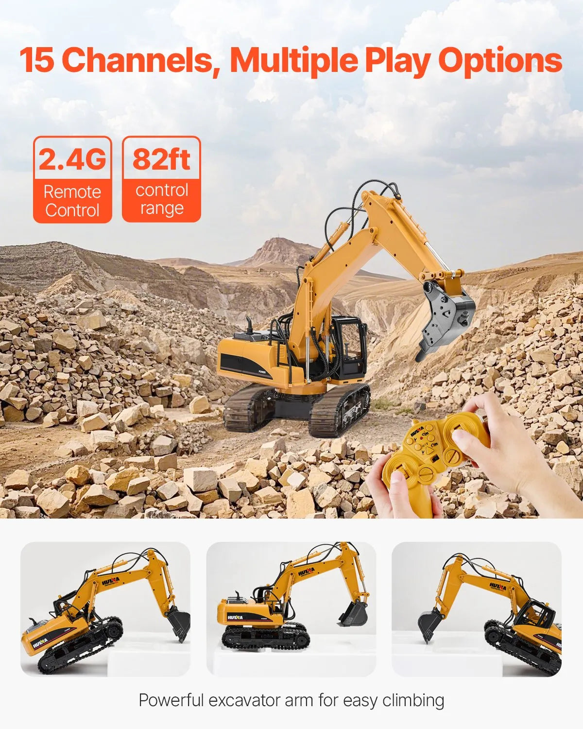 1:14 RC Excavator Toy, 15-Channel Remote Control Digger with Metal Shovel, Lights & Sounds, 2 Batteries