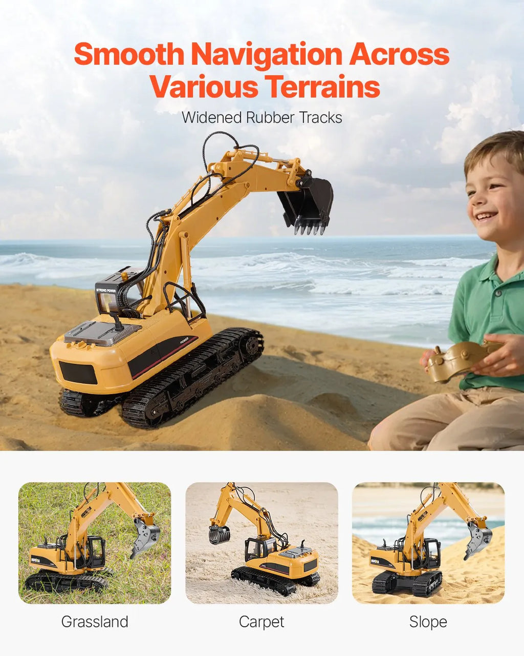 1:14 RC Excavator Toy, 15-Channel Remote Control Digger with Metal Shovel, Lights & Sounds, 2 Batteries