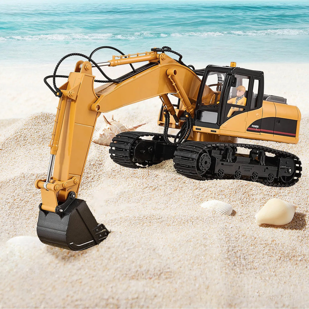 1:14 RC Excavator Toy, 15-Channel Remote Control Digger with Metal Shovel, Lights & Sounds, 2 Batteries