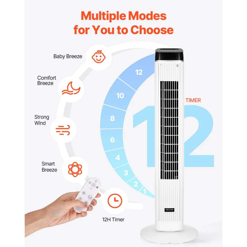 FTS008R 40" Oscillating Tower Fan with Remote, 22 ft/s Airflow, 12H Timer