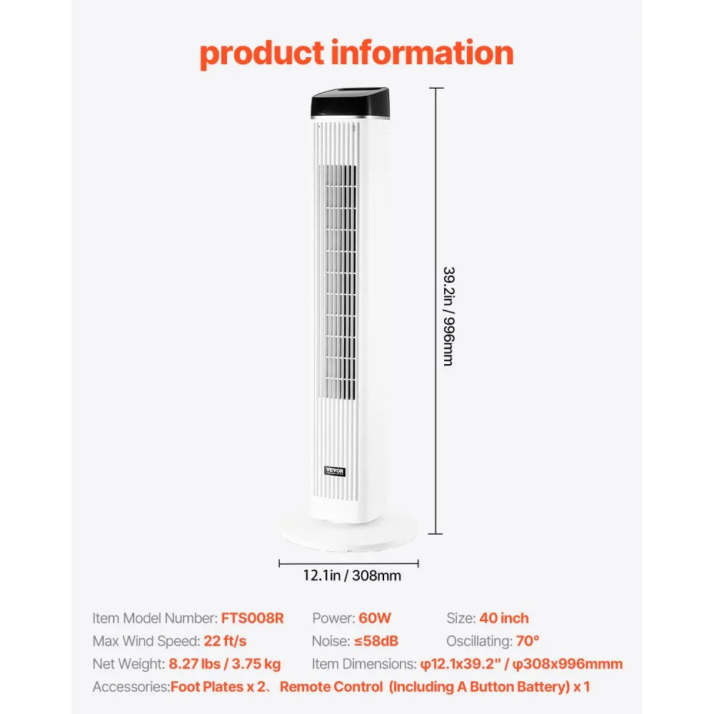 FTS008R 40" Oscillating Tower Fan with Remote, 22 ft/s Airflow, 12H Timer