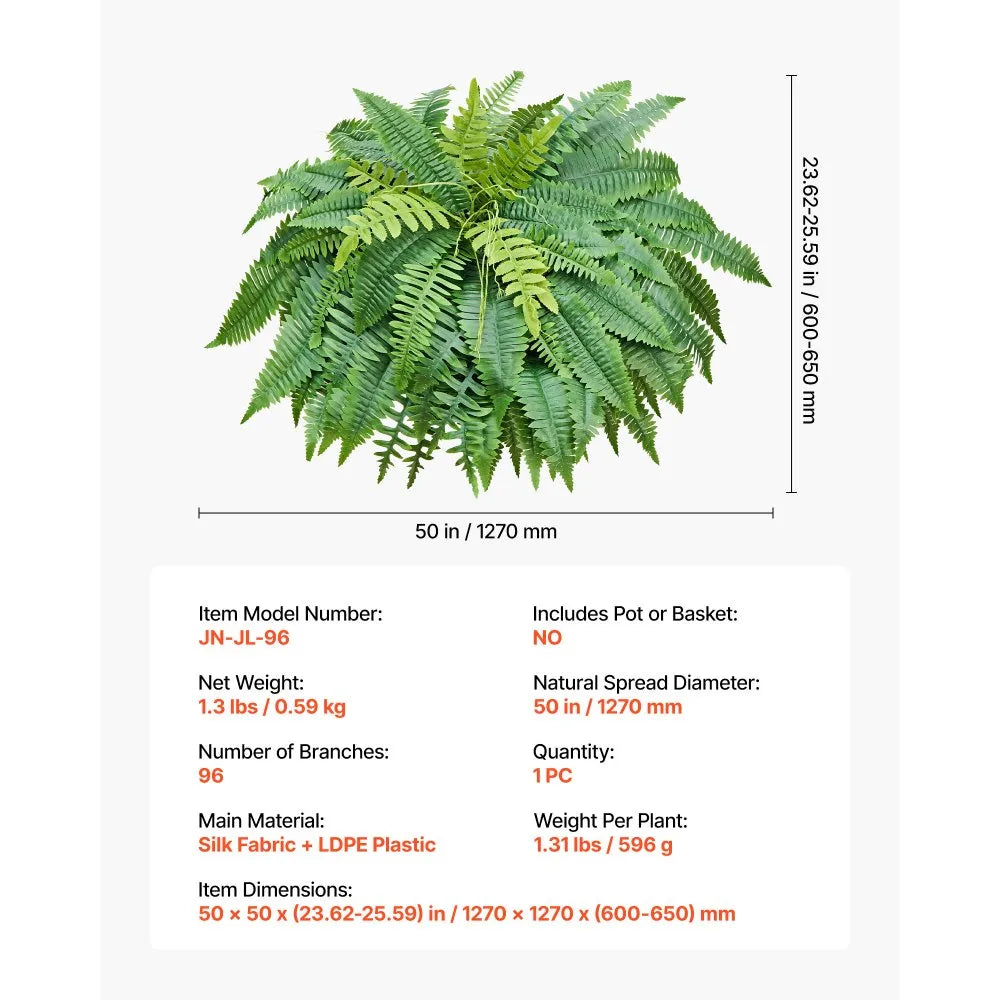 JN-JL-96 50" Artificial Boston Fern with 96 Fronds – Realistic Silk Faux Plant for Indoor & Outdoor Décor