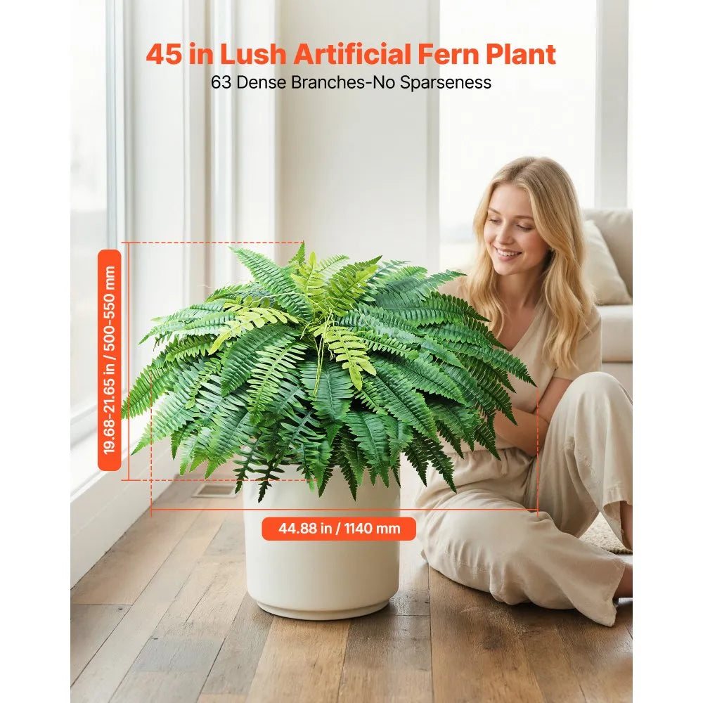 JN-JL-63 Artificial Boston Ferns Set of 2, 45" Fake Fern Bush with 63 Fronds for Indoor & Outdoor Planters