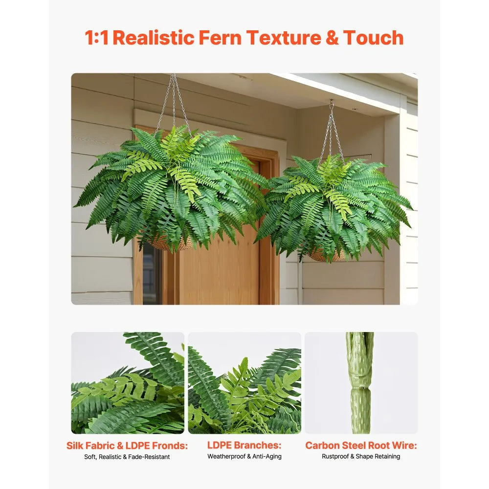JN-JL-63 Artificial Boston Ferns Set of 2, 45" Fake Fern Bush with 63 Fronds for Indoor & Outdoor Planters