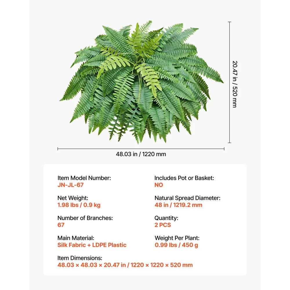 JN-JL-67 Artificial Boston Ferns, 48" Faux Greenery Bush, 67 Fronds (Set of 2)