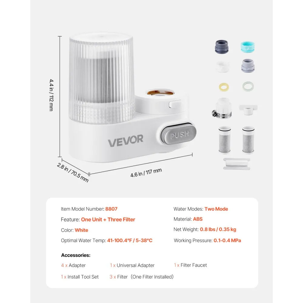 8807 Faucet Mount Water Filter with 3 Carbon Fiber Filters – White