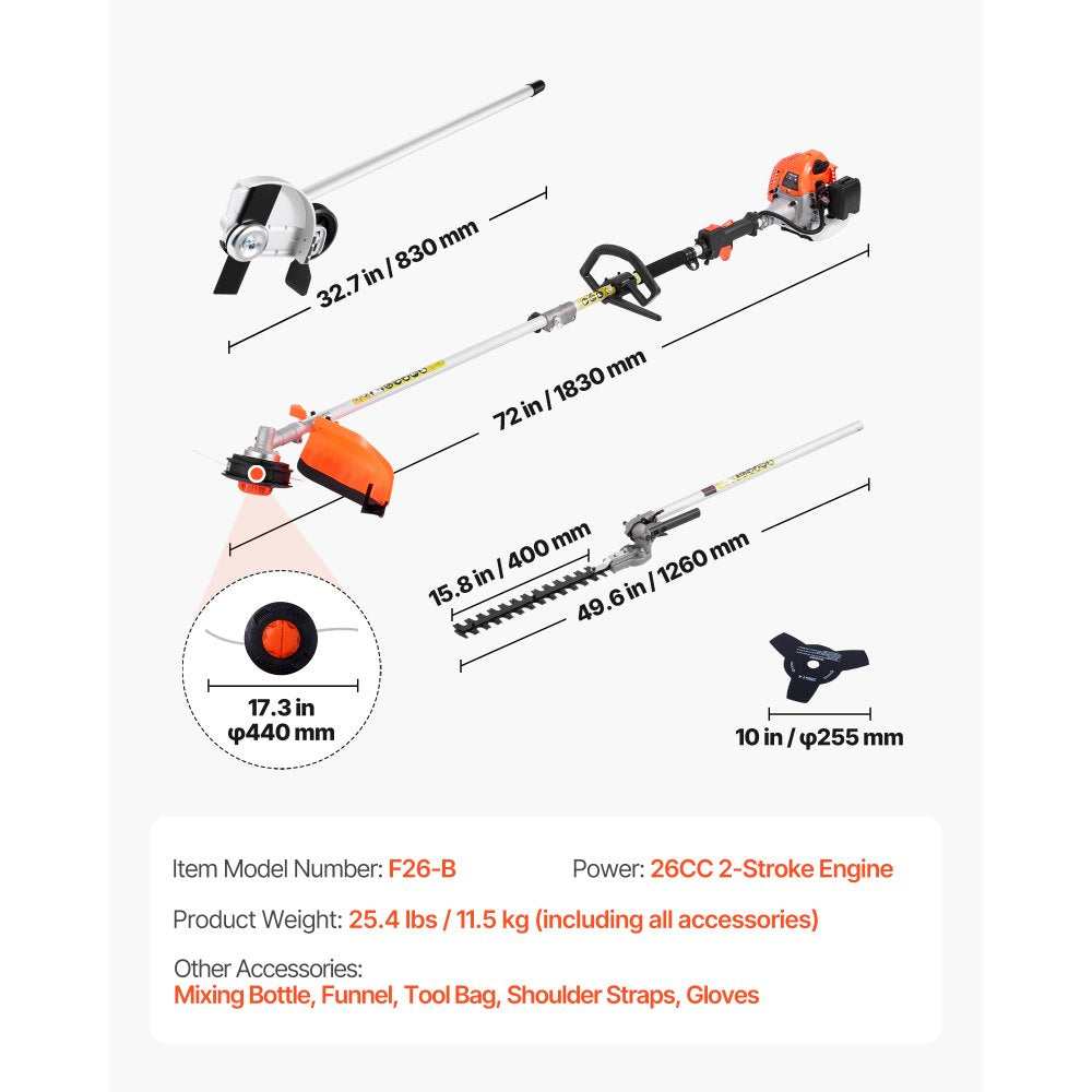 F26-B 4-in-1 26CC Gas Hedge Trimmer with String Trimmer, Brush Cutter & Edger