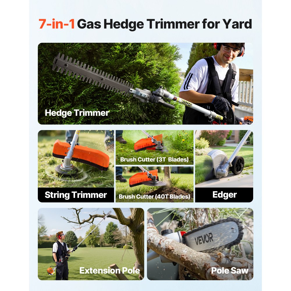 F26-B 26CC 7-in-1 Gas Hedge Trimmer & Brush Cutter with Extension Pole
