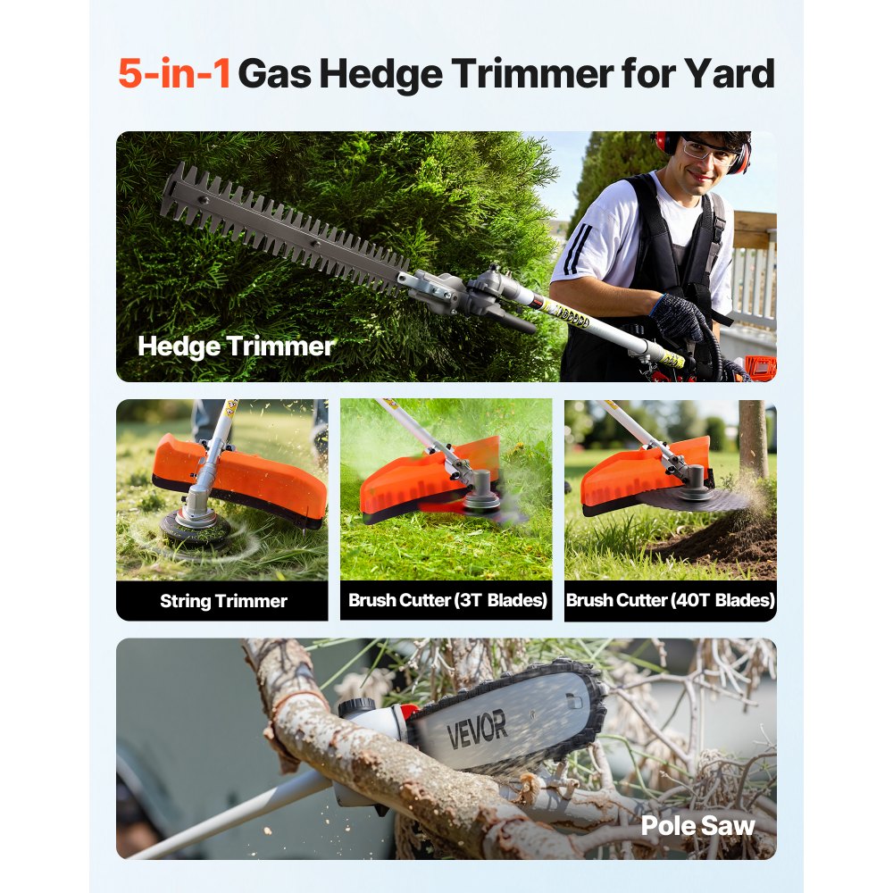 CN-650C 5-in-1 63CC Gas Hedge Trimmer & Brush Cutter with Pole Saw and String Trimmer