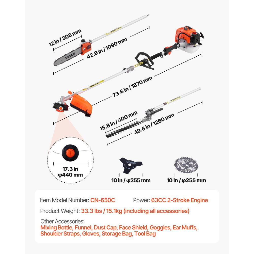 CN-650C 5-in-1 63CC Gas Hedge Trimmer & Brush Cutter with Pole Saw and String Trimmer