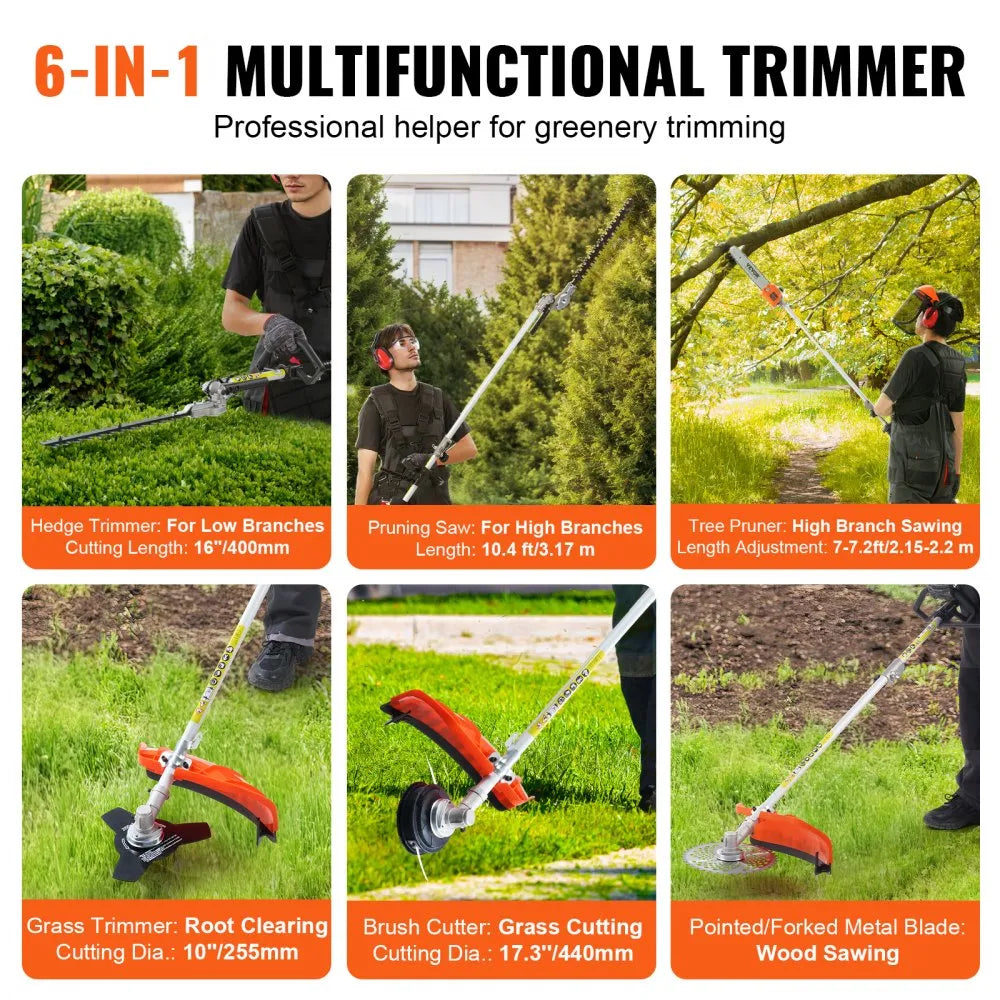 F52-C 6-in-1 Gas-Powered Multi-Function Trimmer with Pole Saw, Hedge Trimmer, Brush Cutter & Weed Eater