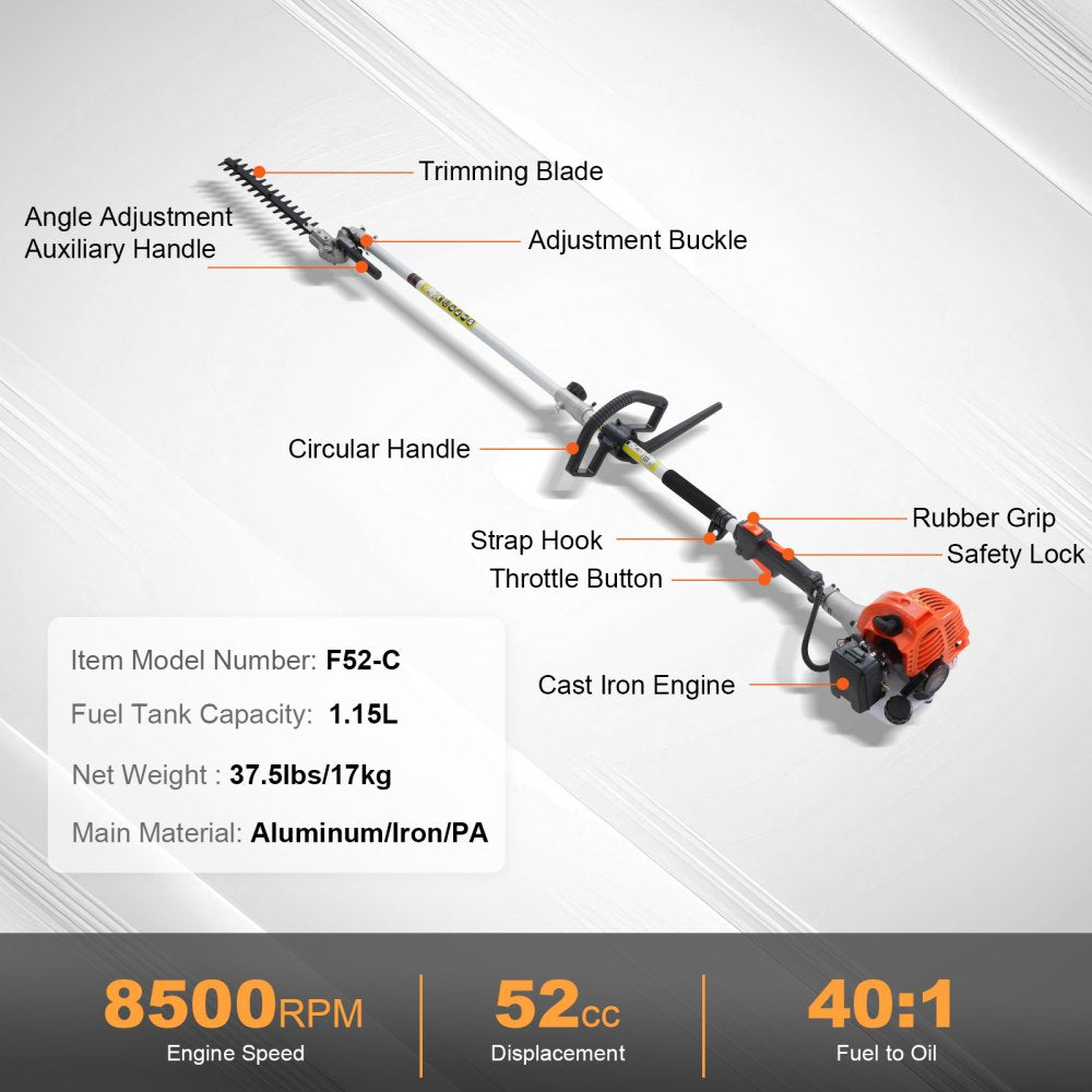 F52-C 6-in-1 Gas-Powered Multi-Function Trimmer with Pole Saw, Hedge Trimmer, Brush Cutter & Weed Eater