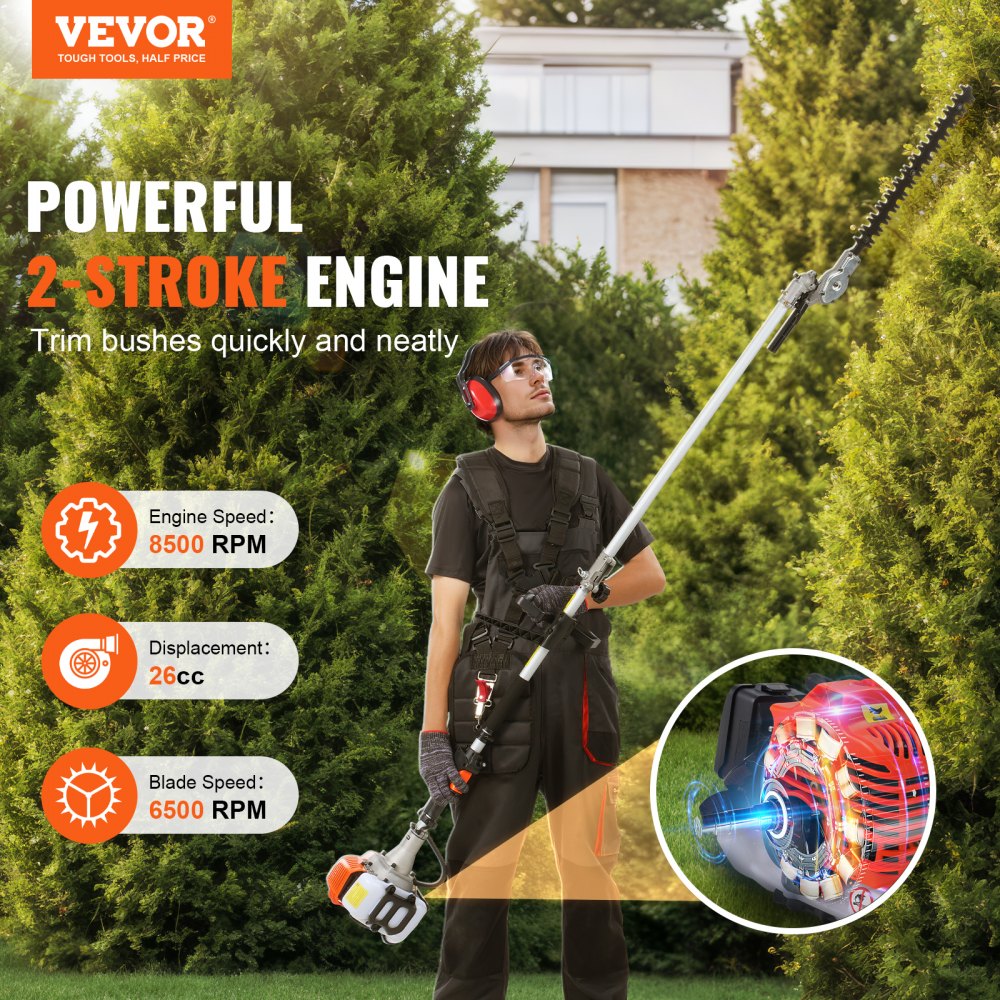 F26-B 26CC 5-in-1 Gas-Powered Multi-Function Trimming Tool with Pole Saw & Hedge Trimmer