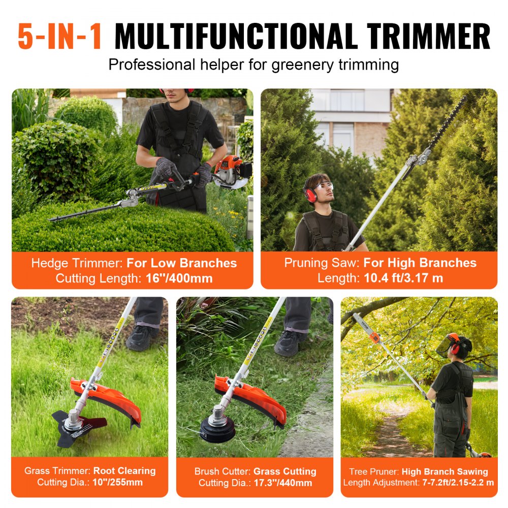 F26-B 26CC 5-in-1 Gas-Powered Multi-Function Trimming Tool with Pole Saw & Hedge Trimmer