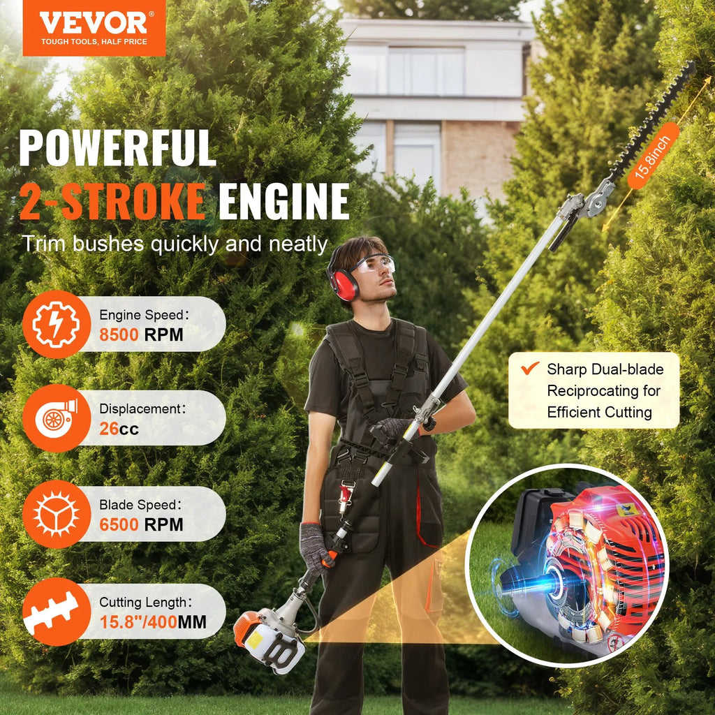 F26-B 26CC 2-Cycle Gas Powered Pole Hedge Trimmer with 5.7" Dual-Action Blade & 270° Adjustable Head